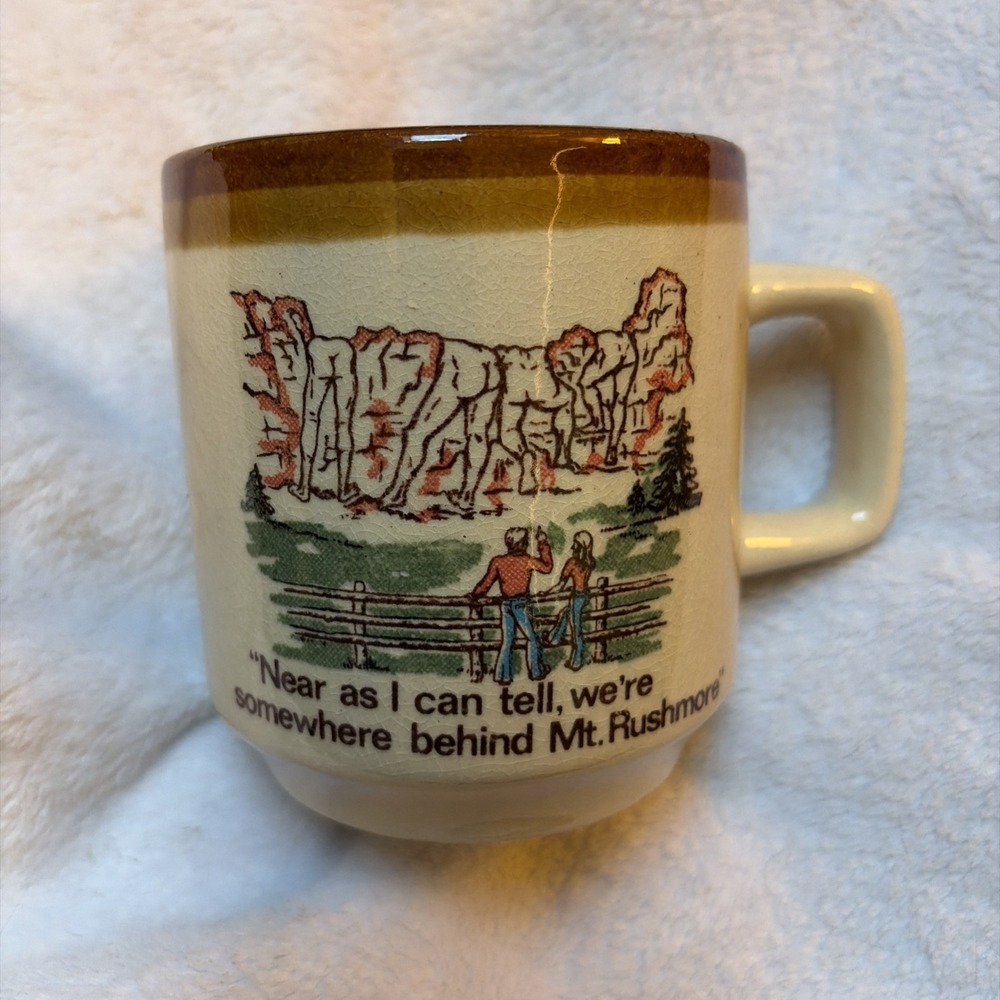 Vintage 1978 Mt Rushmore Souvenir Coffee Mug Crude Humor Backside of Monument